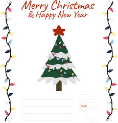 Holiday postcard with Christmas tree going down to the chimney, stocking X-mas greeting card.