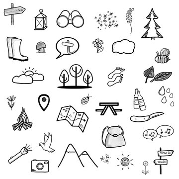 35x Wandern - Set - Icons Grafiken Zeichen Symbole Sketchnotes