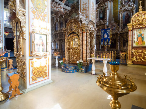 Zelenodolsk, Russia - August 25, 2022: inside Church consecrated in honor of Georgian Icon of the Mother of God in Raifa Bogoroditsky Monastery