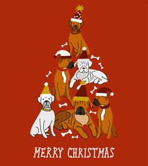 Abstract Christmas tree. Vector illustration. Merry Christmas greeting card with cute funny brown and white boxer dogs wearing winter hats. Cute funny dogs. Character design.