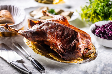 Roast goose with side dishes, red cabbage, roast, strudel, potato dumplings, pickles and bread © weyo