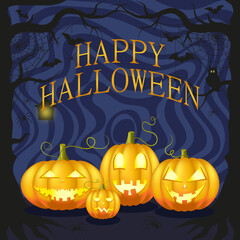 Happy Halloween pumpkins, spiders and bats background.