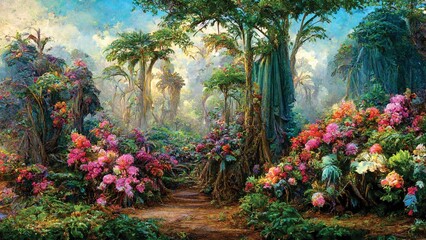 Digital colorful illustration of landscape in the wild tropical forest, printable wall art, jungle painting