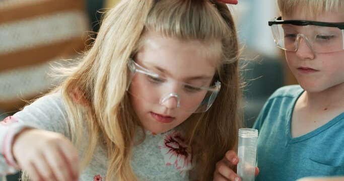 Science, education and children chemical experiment of students building knowledge development. Kids learning, chemistry research growth and physics analysis test of student youth scientific testing