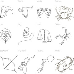 One line Zodiac icon signs. Horoscope vector illustration.