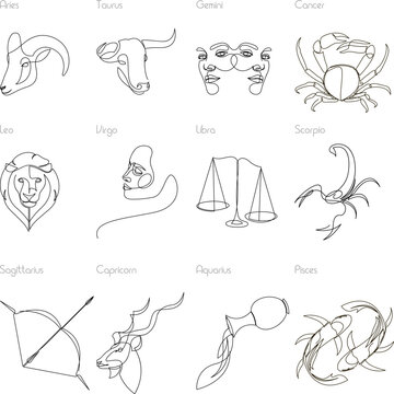 One line Zodiac icon signs. Horoscope vector illustration.