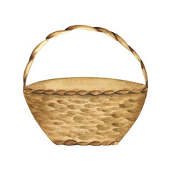 Vintage beige wicker basket isolated on white background. Watercolor wicker basket illustration for gardening decor design, spring cards and souvenirs creating.
