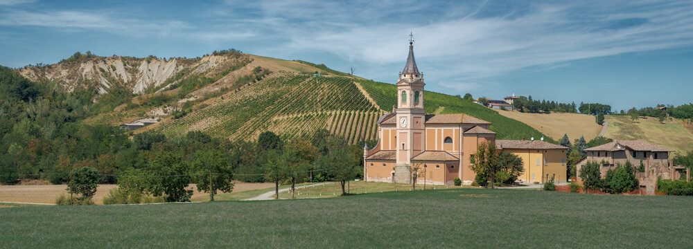 Wheat field, church and old ruined house against a hill ridge with badlands and vineyards. Castello di Serravalle, Bologna provine, Emilia and Romagna, Italy.