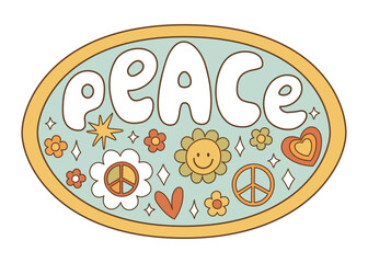 Lettering sticker retro 70s hippies. Psychedelic groove elements. Funny illustrations with word peace in flat style. Positive and peace symbols in vintage style. Vector