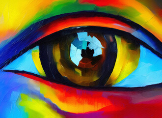 Colorful colors oil painting modern art, abstract drawing conceptual human eye in close-up. Palette knife on canvas contemporary closeup artwork print