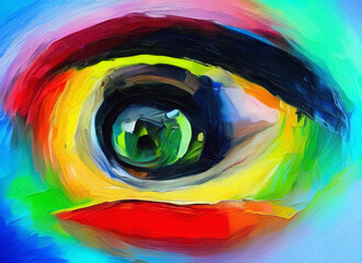 Colorful colors oil painting modern art, abstract drawing conceptual human eye in close-up. Palette knife on canvas contemporary closeup artwork print