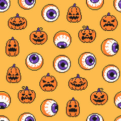 Halloween seamless pattern, cartoon eyes and pumpkins in pixel art style on a yellow background.
