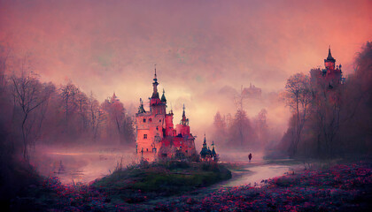 Fairytale Castle Tower Dreamland Fantasy Magical Fairy Tale Dream Misty Forest. - obrazy, fototapety, plakaty