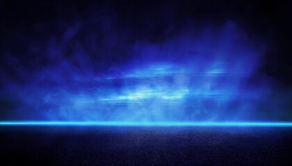 Dark asphalt neon blue light line on skyline reflections of rays. Abstract dark blue background with smoke. Empty dark fog template scene.
