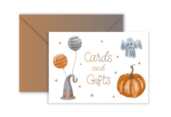 Cards and Gifts Watercolor baby shower halloween cute invitation party or celebration template design.