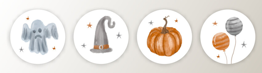 Funny Watercolor Hand Drawn Halloween Candy Bar Tags. Cute Halloween Cartoon. Infantile Style. Pumpkin, balloon, hat and Little Ghost.