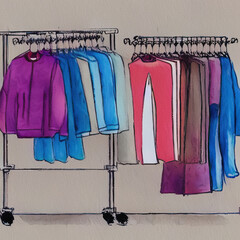 Store clothes exhibition in Shopping mall.  Fashion illustration of clothing display. Watercolor drawing garment rack. Stylish art print for creative design