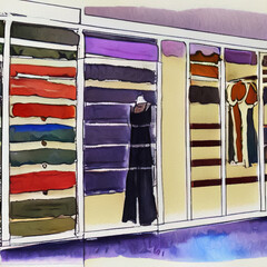 Store clothes exhibition in Shopping mall.  Fashion illustration of clothing display. Watercolor drawing garment rack. Stylish art print for creative design - 528067726