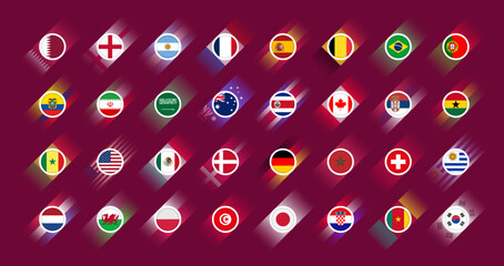 Flags of all countries participating in the final part of the football competition. Icon set. Football 2022. Soccer Cup infographic. Icons isolated on maroon background. Vector illustration