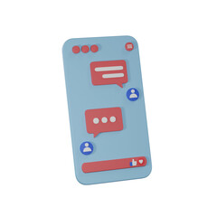 3d rendering concept mobile chat application on smartphone with text boxes on screen.