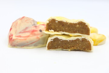 Chocolates heart-shaped candies with marzipan. marzipan hearts set. Creative dessert, St Valentine's Day and Holiday dessert