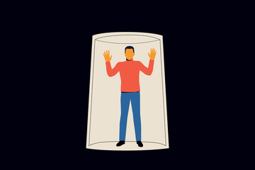 The man is covered with a glass. Man in an enclosed space, restrictions on freedom. Vector graphics