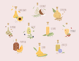 Set of different flat icons of oils for cooking in glass bottles. Includes vector illustrations of vegetables such as sunflower, coconut, soybean, almond, olive, sesame, groundnut, peanut and pumpkin.