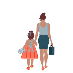 Back side of young mother right hand carry bag and left hand is holding her daughter hands are walking together on white background.Vector illustration flat design for Mother&sbquo;&Auml;&ocirc;s Day or Children&sbquo;&Auml;&ocirc;s day.