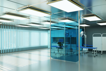Brand new and empty european luxury medical clinic. Combined emergency room It consists of several patient beds. 3D image