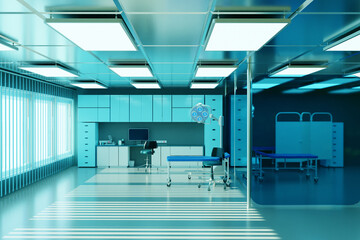 Reception of doctor in hospital. Hospital reception corridor. Privat Hospital, Clinical or medical practice waiting room - with empty chairs. 3D image