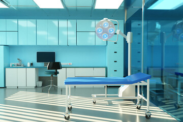 Reception room in hospital. Blue -colored patient stands in doctor's adopted. Place for taking doctor. Empty ward of hospital. 3D image