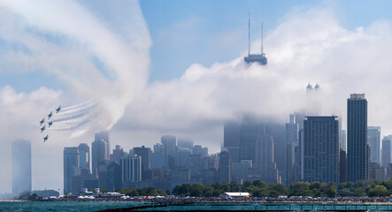 Chicago Skyline with Jets - obrazy, fototapety, plakaty