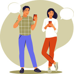 Live conversation concept. Guy and girl standing with speech bubbles. Flat.