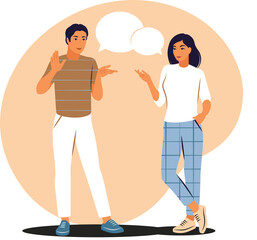 Conversation concept. Man and woman talking with speech bubbles. Flat. - obrazy, fototapety, plakaty