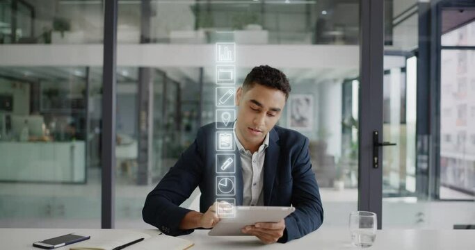 Digital vr construction plan with tablet, 3d ar data analytics for engineer and typing on personal interface with futuristic technology in work office. Ai metaverse and infographic for design vision