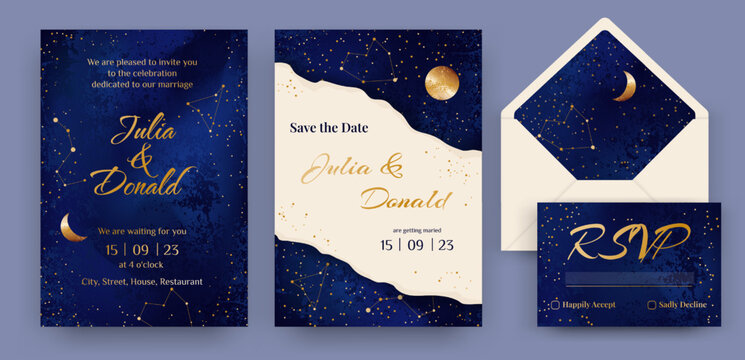 Wedding greeting cards night starry design. Moonlight and astrology constellations. Abstract dark fantasy. Moon and star. Evening space. Bridal banners. Vector marriage invitations set