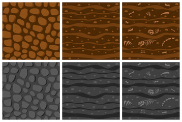 Ground texture. Dirt and stones. Cartoon earth. Game floor. Brown land. Gray soil layers with fossil skeleton bones. Street paving. Landscaping elements set. Vector seamless pattern