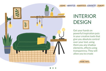 Sketch interior design. Landing page. Website interface template. Home living room with sofa and lamps. Loft decor. Lounge inside. House furniture. Apartment backdrop. Vector web banner