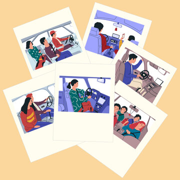 Car ride cards. People drive transport. Photos composition. Person at auto wheel. Family with children in vehicle salon. Travel by automobile. Driver and passengers. Vector illustration