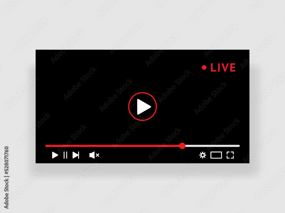 Poster Live stream video window. Online broadcast channel. PC layout with frame and buttons. Play or audio icons. UI design. Browser multimedia player. Computer screen. Vector interface template
