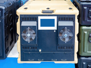 Plastic cases with cooling system. Display and coolers on container walls. Crate for transport in...
