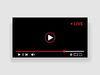 Live stream video window. Online broadcast channel. PC layout with frame and buttons. Play or audio icons. UI design. Browser multimedia player. Computer screen. Vector interface template