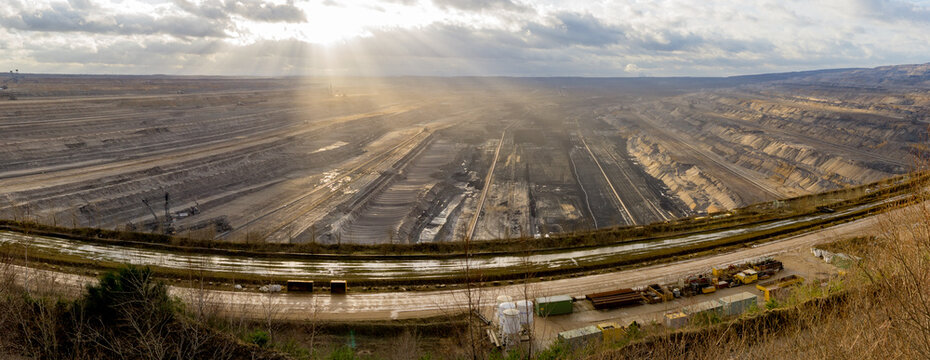 structure of opencast mine in germany during sunset, hambach, etzweiler