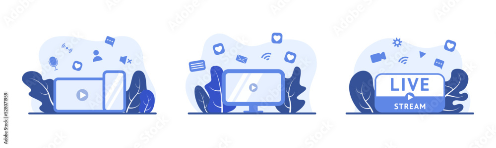 Poster Live stream. Online player. Social media network. Video call. Mobile or computer icons. Digital technology concept. Broadcast channel. Internet communication. Vector device screens set