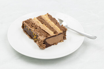Chocolate homemade cake on the grey marble table