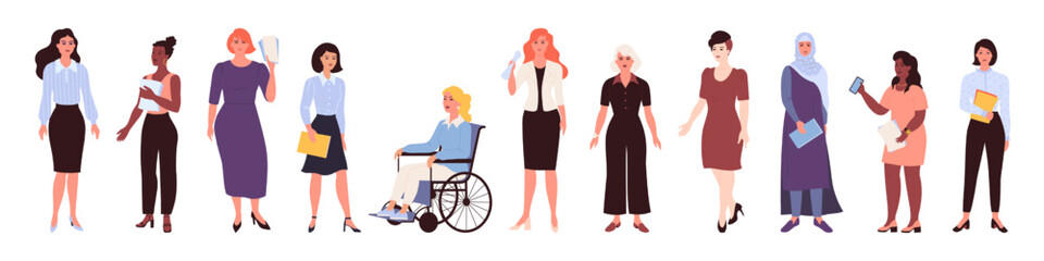 Business people. Diverse office work characters. Standing young women. Professional employee. Female suit. Disabled manager. Colleague group. Corporate staff. Vector isolated persons set