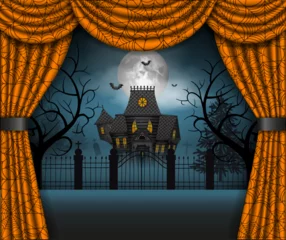 Gordijnen Halloween stage curtain with scary landscape © Angelica