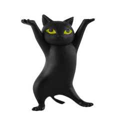 Cutout of an isolated generic no brand miniature toy black cat with green eyes raising its arms ...
