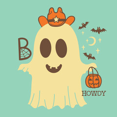 Halloween cute grost cowboy card illustration. Vector hand drawn halloween ghost in cowboy hat and lasso Boo howdy holiday text.