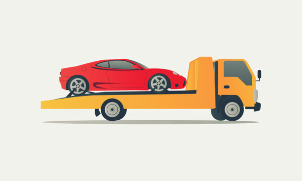 picture of the tow truck with sport car on it, flat style illustration